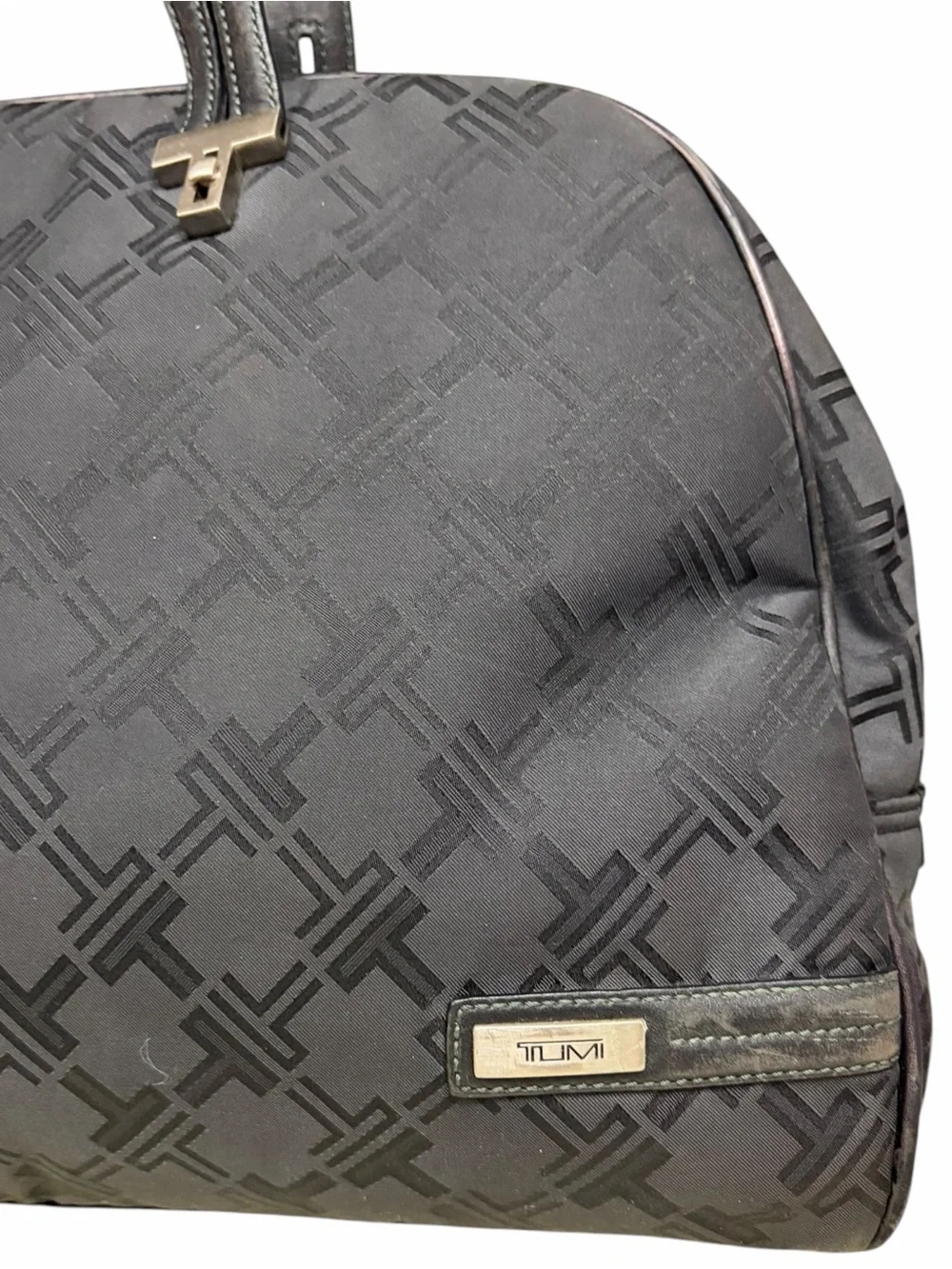 TUMI Signature Monogram Laptop Computer Work Tote Bag Black, Leather Trim